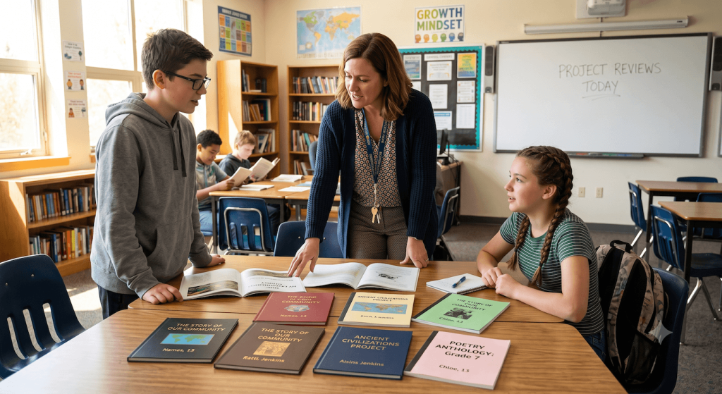 teacher reviewing student project