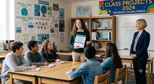Student presenting her book to class